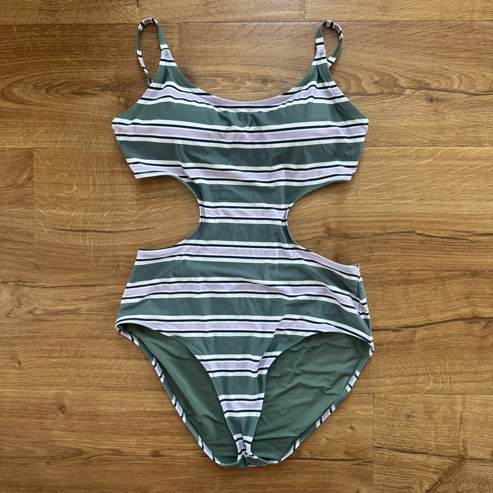 Aerie Green Striped Cutout One-Piece Swimsuit